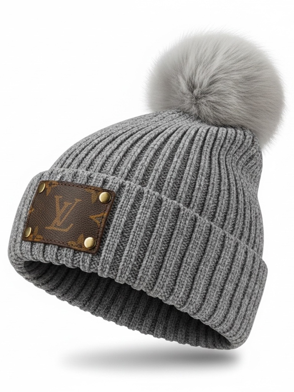 Upcycled Designer-Inspired Gray Ribbed Pom Pom Beanie with Logo Patch